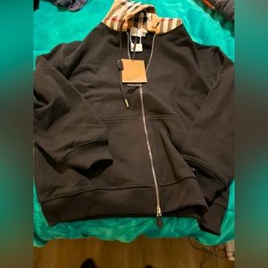 Check hood cotton blend zip hoodie Burberry size M new.